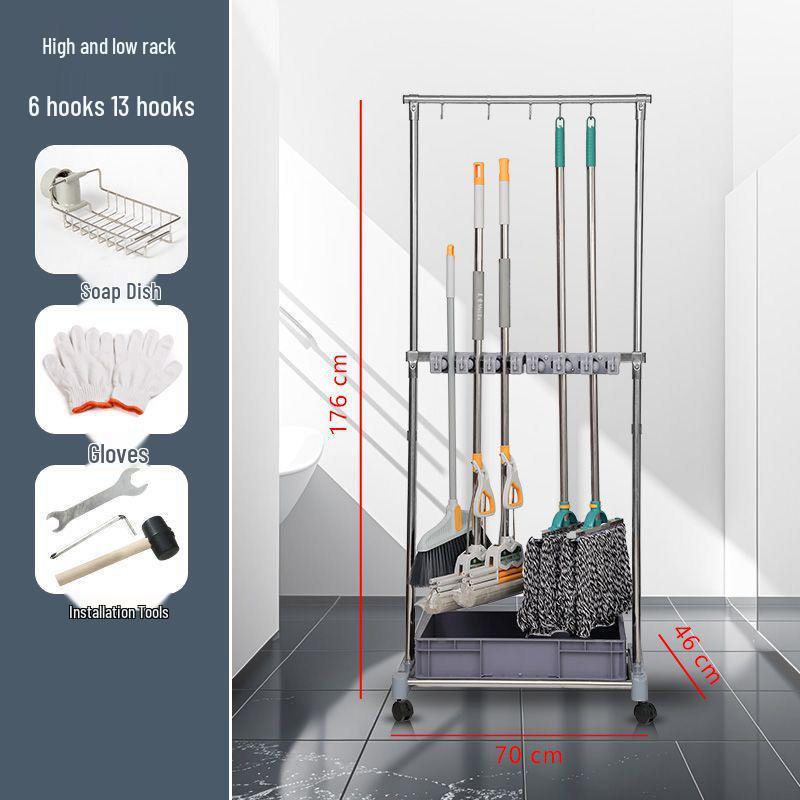 Movable Stainless Steel Mop Storage Rack with Hooks for Floor-Standing Draining in Schools and Factories