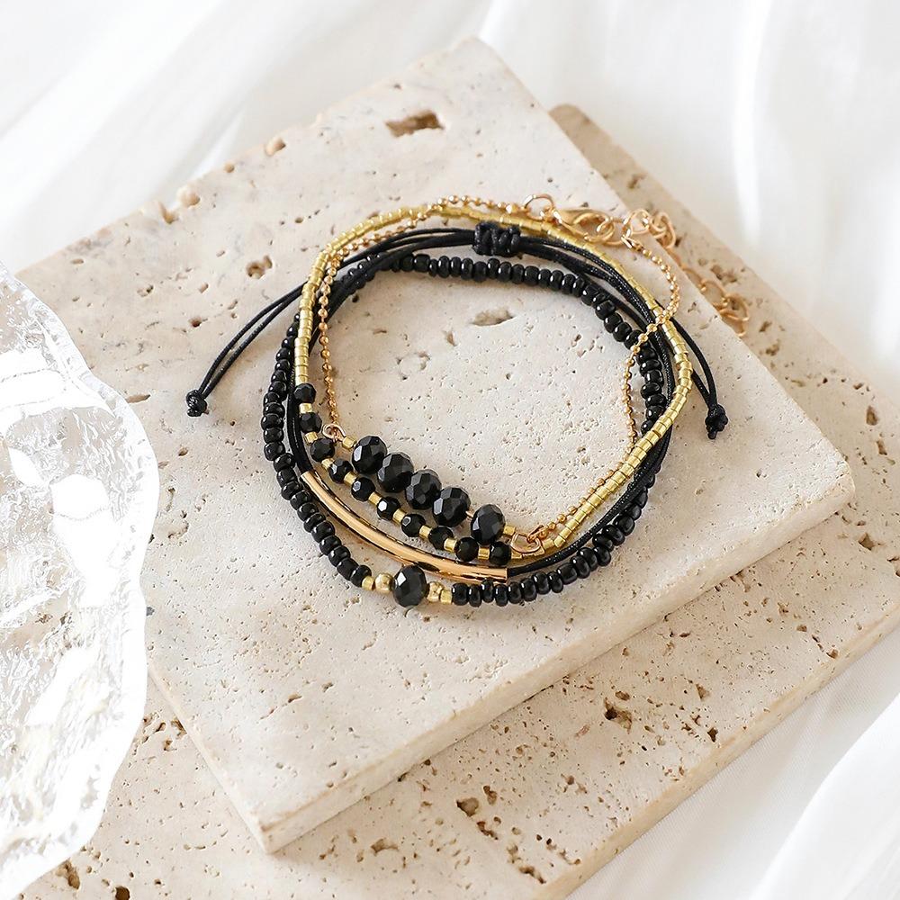 4PCS Fashion  Black Glass Stone Bracelet Set For Women Bohemian Multilayer Stacked Rice Beaded Link Chain Jewelry