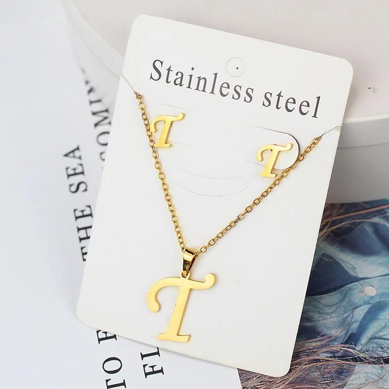 Stainless Steel Letter Necklace Bracelet Earring Zircon Set for Women Alphabet Pendant Necklace Party Gift
