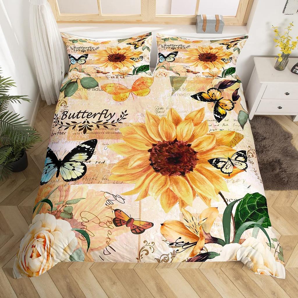 Lovely Bird Duvet Cover Set King Size Spring Floral Butterfly Bedding Set Microfiber Watercolor Garden Flower Comforter Cover