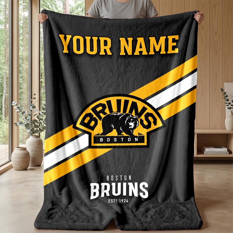 Boston Bruins Custom Flannel Throw Blanket Print Your Name Text Soft Warm Blanket Holiday Present