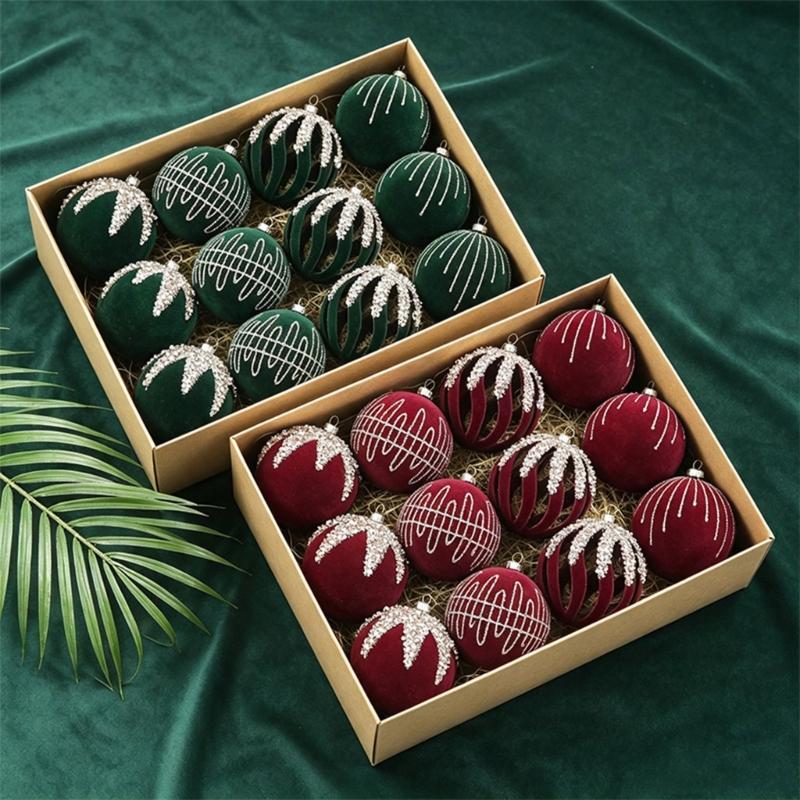 12-Piece Christmas Bauble Set, Soft-Texture Ball Decorations with Decorative Motifs and Top Rings for Holiday Tree Displays