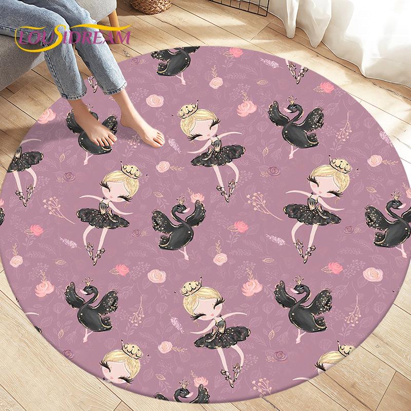 Cute Ballet Girl Ballerina Cartoon Round Area Rug,Carpet for Living Room Bedroom Sofa Playroom Decor,kid Play Non-slip Floor Mat