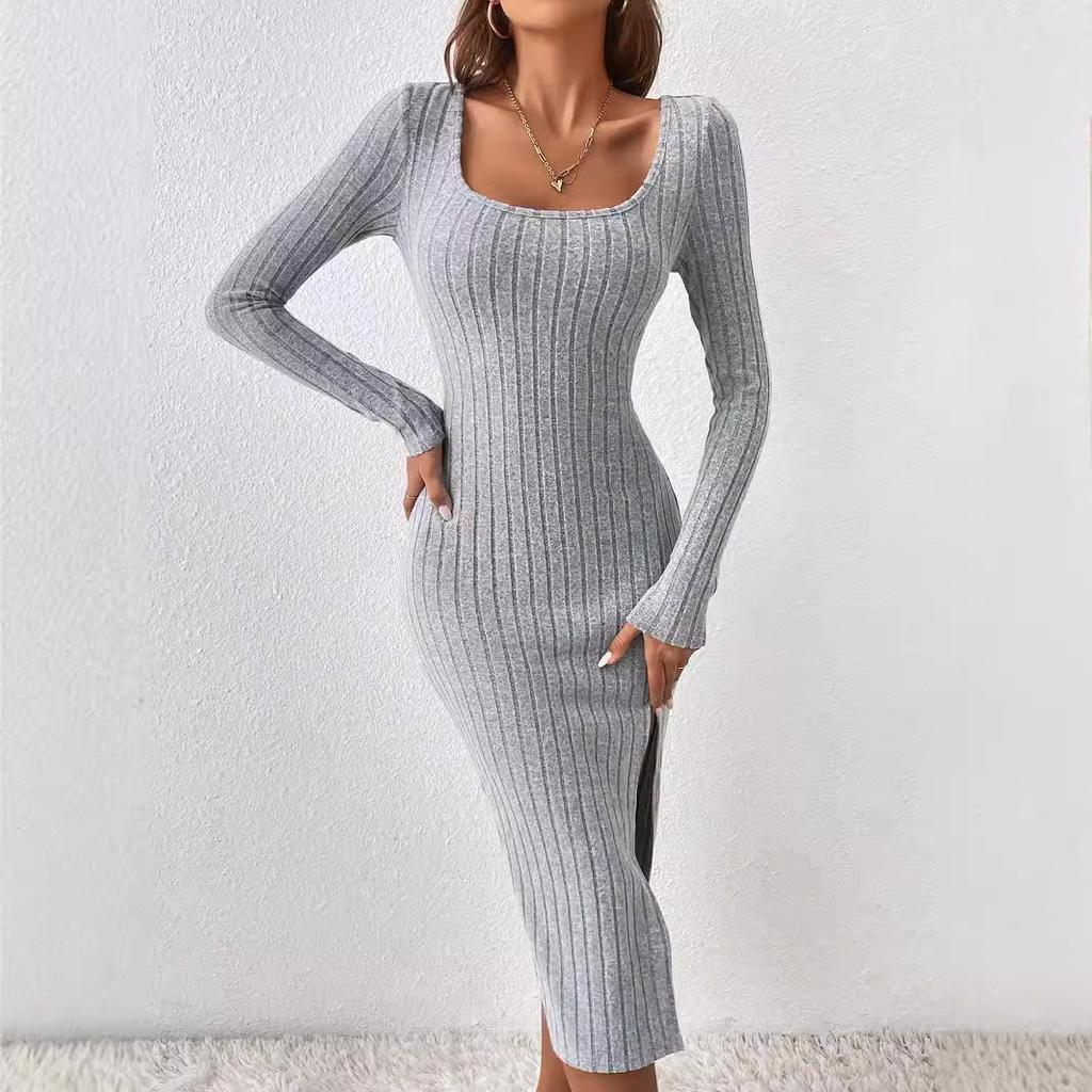 Autumn and winter new square collar waist irregular hem sexy long-sleeved dress female explosion