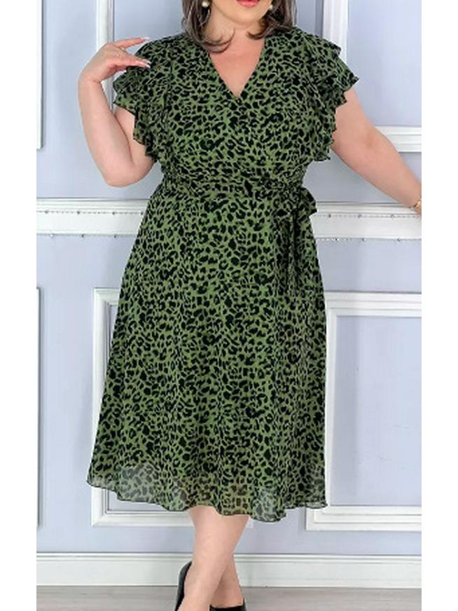 

2026 Spring Elegant Sleeveless Leopard Print Fitted Waist Dress for Women 5XL темно-зелений колір