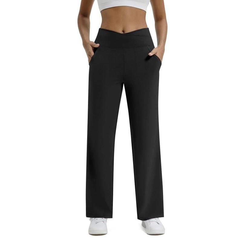 Womens High-Waist Cross-Back Wide Leg Yoga Pants With Pockets Soft Stretch Casual Trousers Gym Workout Daily Wear