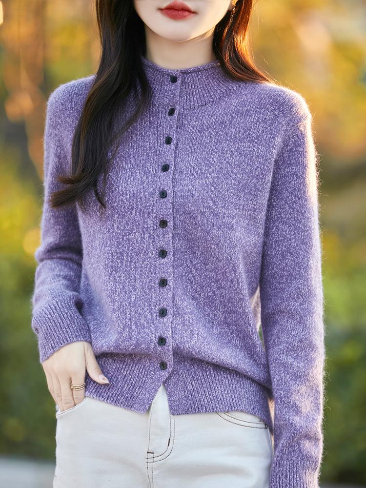Women's Floral Wool Knit Cardigan - Semi-High Neck, Multi-Button Sweater for Autumn/Winter