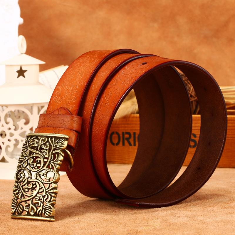 Women'S Engraved Hollow Smooth Buckle Printed Cowhide Belt Wide Waist Seal Jeans With Moisture