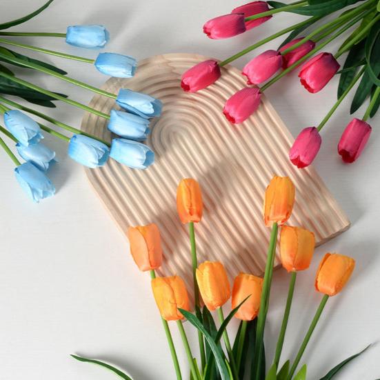 Artificial Flowers 3-Head Silk Tulip Bouquet with Bendable Iron Wire Stem Faux Floral Arrangement Wedding Decorations Photography Props