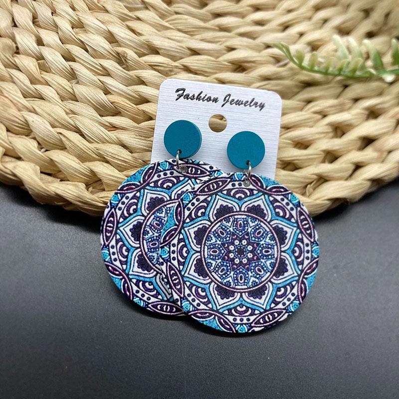 Ethnic Vintage Round Printed Wooden Earrings for Women Simple Muticolor Flower Pattern Drop Earring Daily Party Jewelry