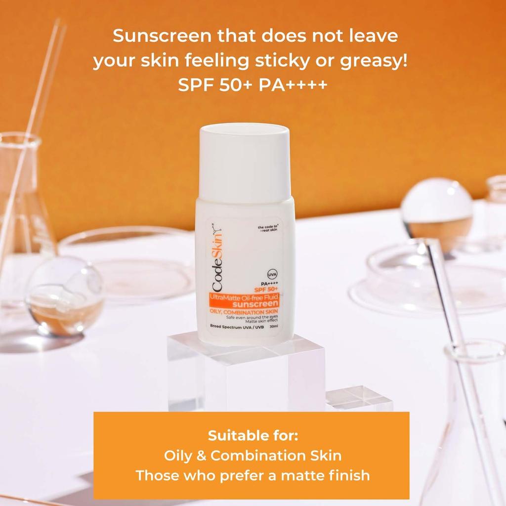 CodeSkin Ultramatte Oil-Free Fluid Sunscreen for Men & Women - 30ml | SPF 50+ PA++++ | Best For Oily & Combination Skin Types | Broad Spectrum Su