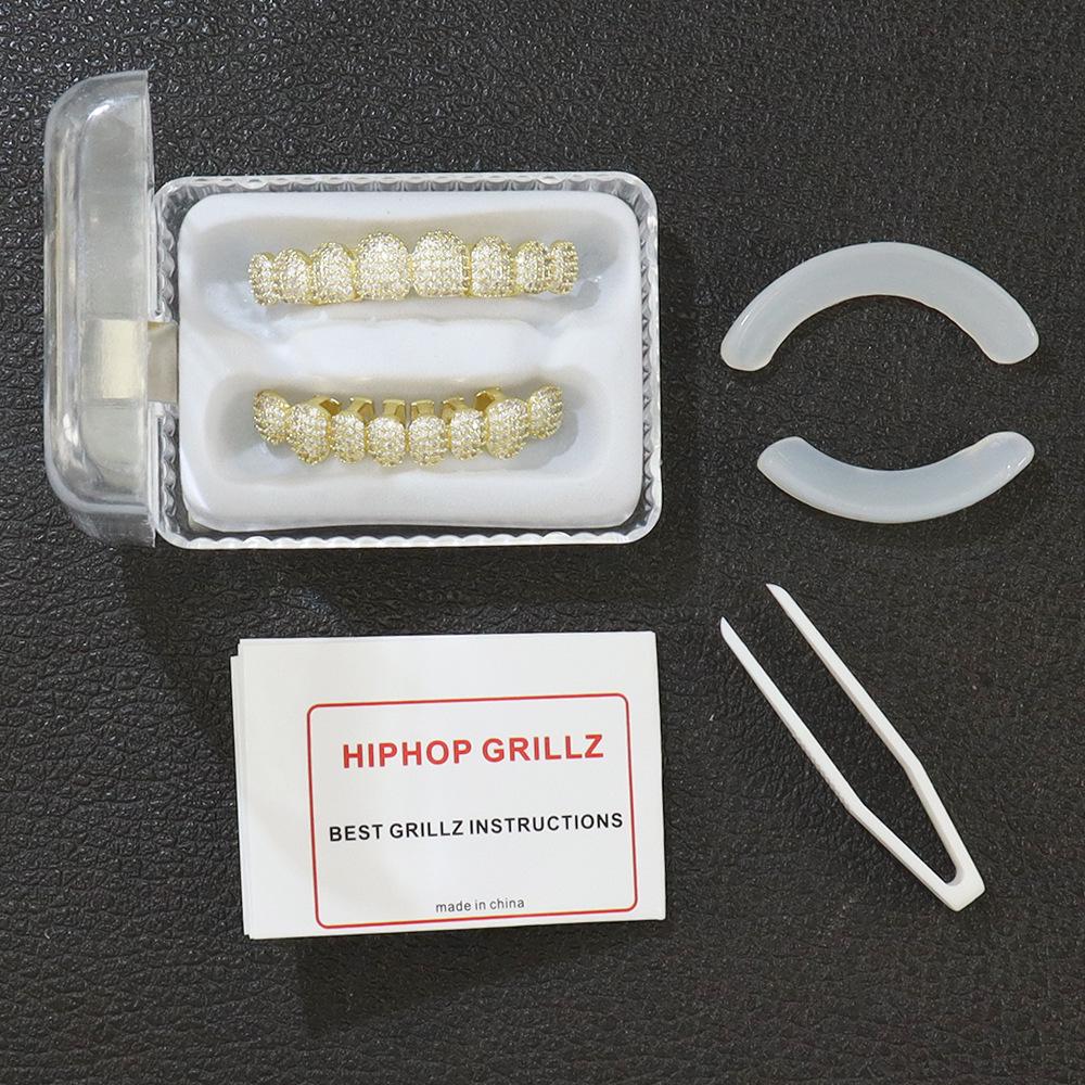 Exaggerated Eight-Tooth Gold Grillz with Copper Zirconia - Trendy European and American Hip Hop Accessory