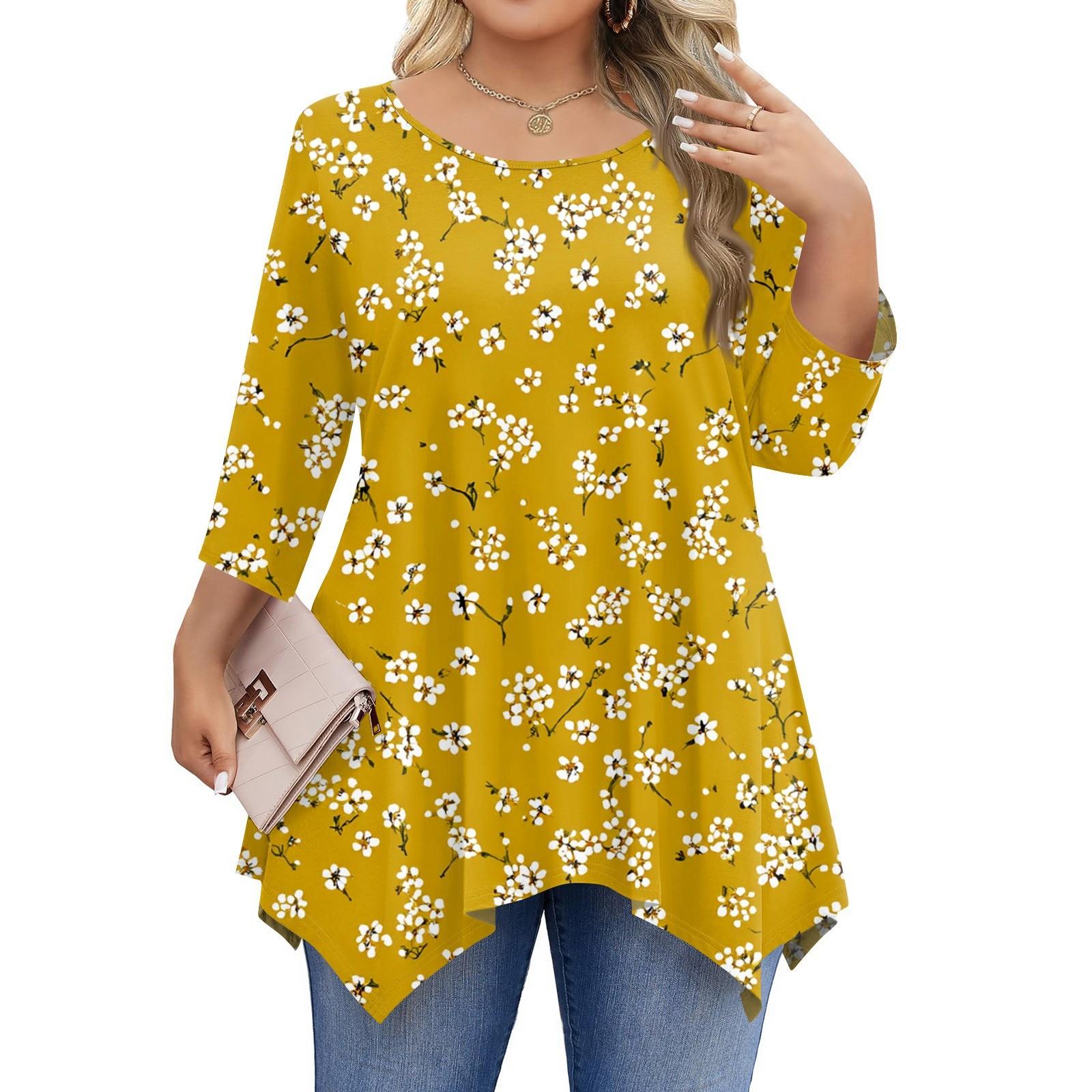 

Женские рубашки с рукавом 3/4 больших размеров, туники с круглым вырезом, базовые футболки свободного кроя, размеры L-5XL XXL жёлтый