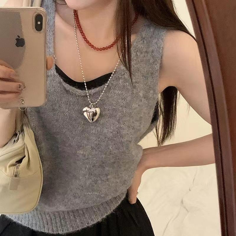 

Trendy Personality Stainless Steel Bright Surface Silver Color Stereo Heart-shaped Pendant Bead Chain Necklace for Women Jewelry