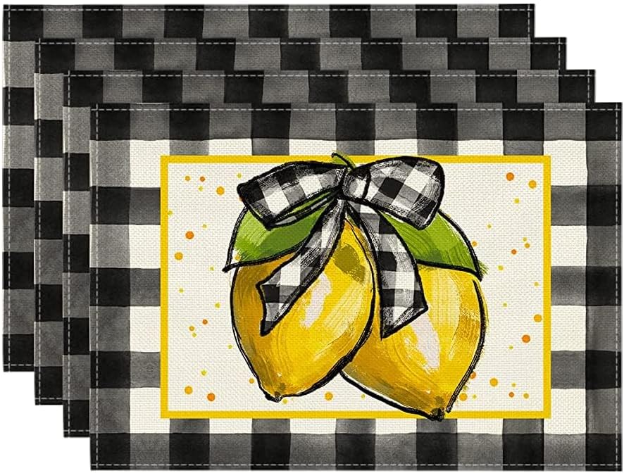 

Buffalo Plaid Lemon Placemats for Dining Table, 12 x 18 Inch Summer Seasonal Decoration Rustic Washable Table Mats Set of 4 4pcs-12x18