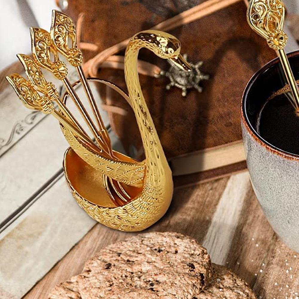 6pcs/set Decorative Coffee Fruit Dessert Stirring Mixing Spoons with Swan Base Holder Gold Sliver Stirring Teaspoon Dinnerware