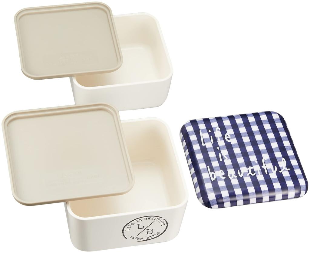 Showa Bento Box Square Nest Lunch Box Gingham Check Navy 2 Tiers Lower Tier 240ml Upper Tier 360ml Compact Storage Type Made In Japan 77072 L/B