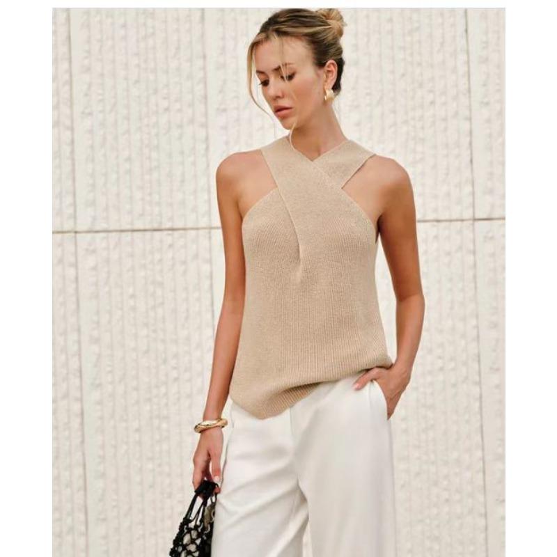 VEZFAA Women's Fashion Casual Summer Spring Solid Color Print Sleeveless Hanging Neck Sweaters