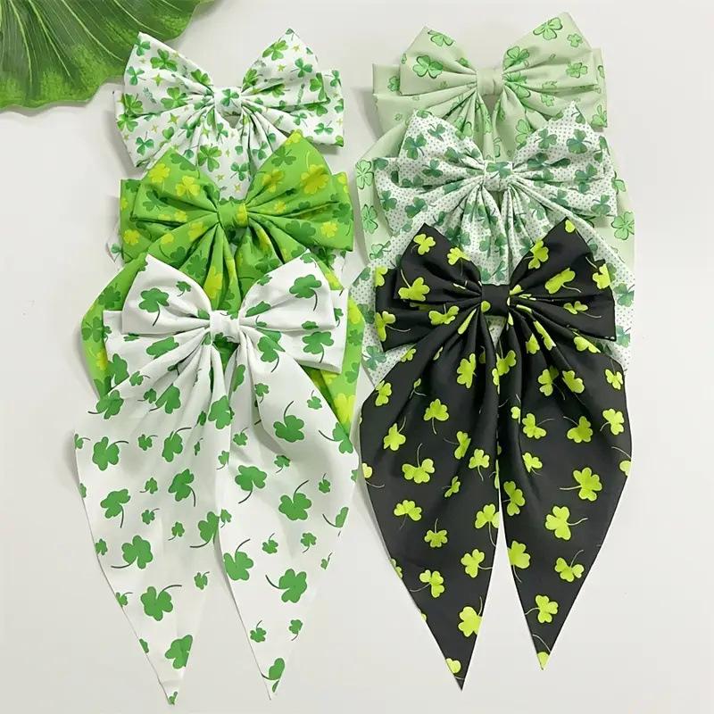

6-piece set new green four-leaf clover print bow streamer Spring Clip Elegant hair clip Spring hair accessories Size fits all