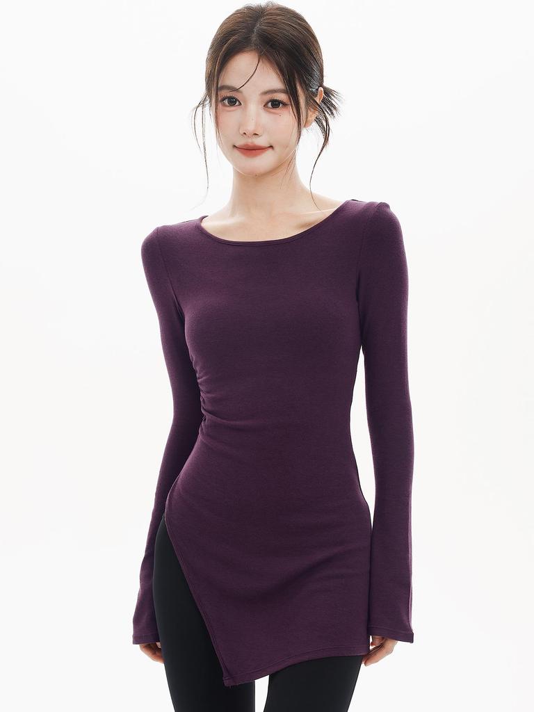 Run Kaka Purple Mid-Length Slit Long Sleeve Yoga Top