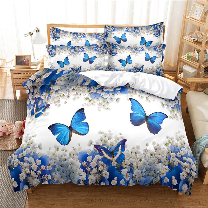 Butterfly Duvet Cover Set 3D Print Pink Rose Flowers Romantic Comforter Cover King Size For Kid Boy Girl Polyester Bedding Set