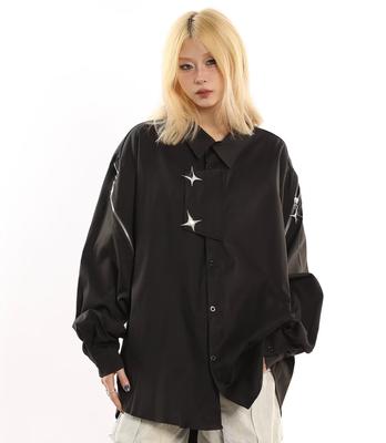 Unisex American Retro Star Button Multi-zip Shirts Men Women Causal Loose High Street Shirt Thin Tops Y2K Clothes