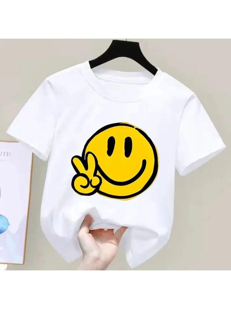 Kinder Cartoon Smiley Gesicht Druck Kurzarm T-Shirt Lässiger und Vielseitiger Stil Geeignet für Ausflüge und Tägliches Tragen