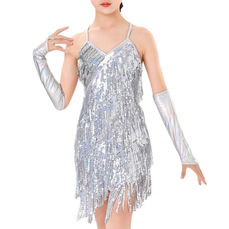 Vestido de Danza Latina Borlas Ropa de Baile Salsas Lentejuelas Flecos Vestido Bailarín Moderno de Salón Cha Cha Trajes para Niños Niñas