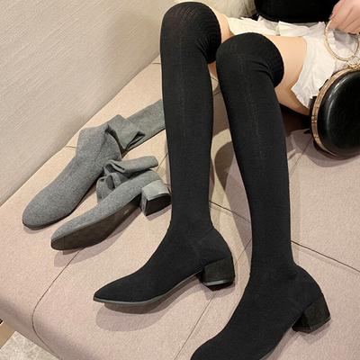 Fashion New Autumn Pointed Toe Women Elastic Slimming Sock Loots Fashion Female Thick Heel Over The Knee High Booties