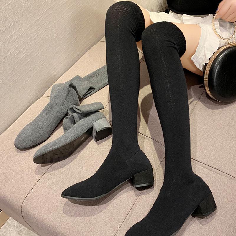 Fashion New Autumn Pointed Toe Women Elastic Slimming Sock Loots Fashion Female Thick Heel Over The Knee High Booties