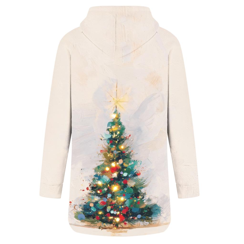 Women's Christmas Print Long Sleeve Hooded Sweatshirt with Festive Holiday Design