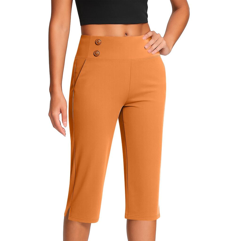 Pantalones de Moda para Mujer de Color Sólido con Bolsillos con Botones y Bajos Divididos Cintura Alta Deportes Yoga Casual Pantalones Recortados