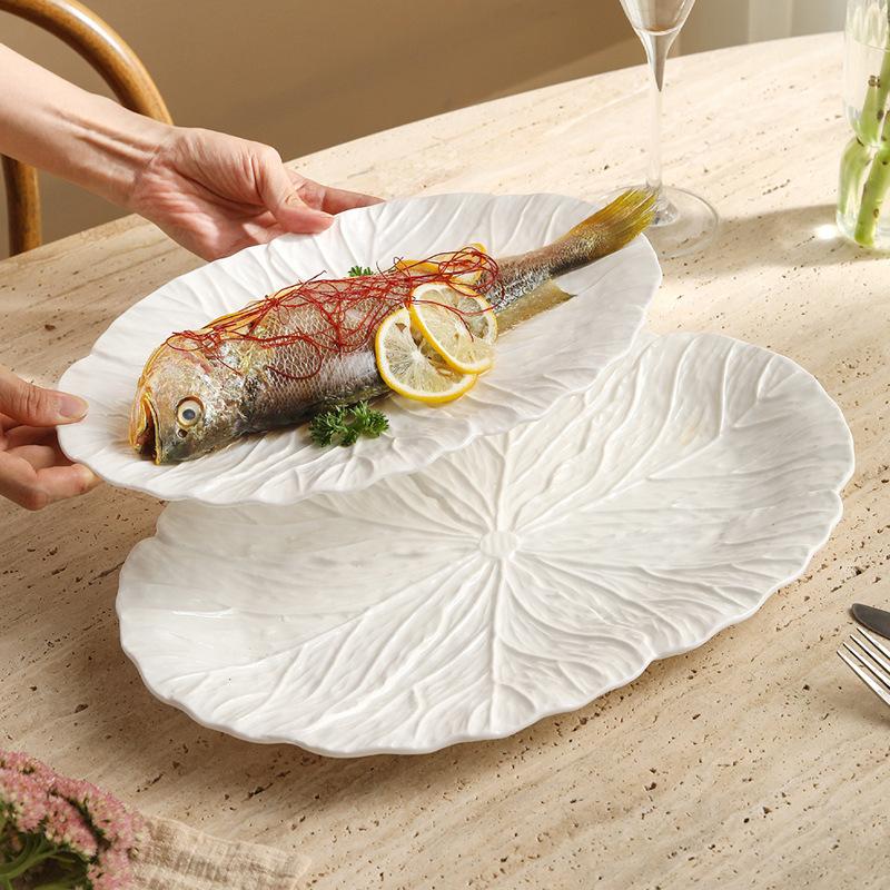 European Embossed Oval Ceramic Plate Fish Dish Salad Plate Floral Rim Home Restaurant Tableware