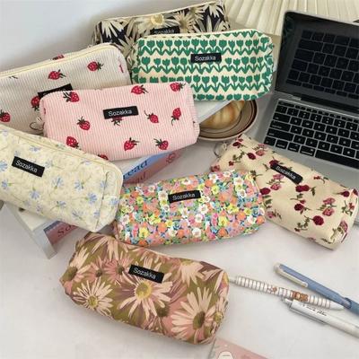 Retro Make Up Bags Corduroy Pen Case Pencil Case Korean Makeup Organizer Female Toiletry Kit Bags Storage Pouch
