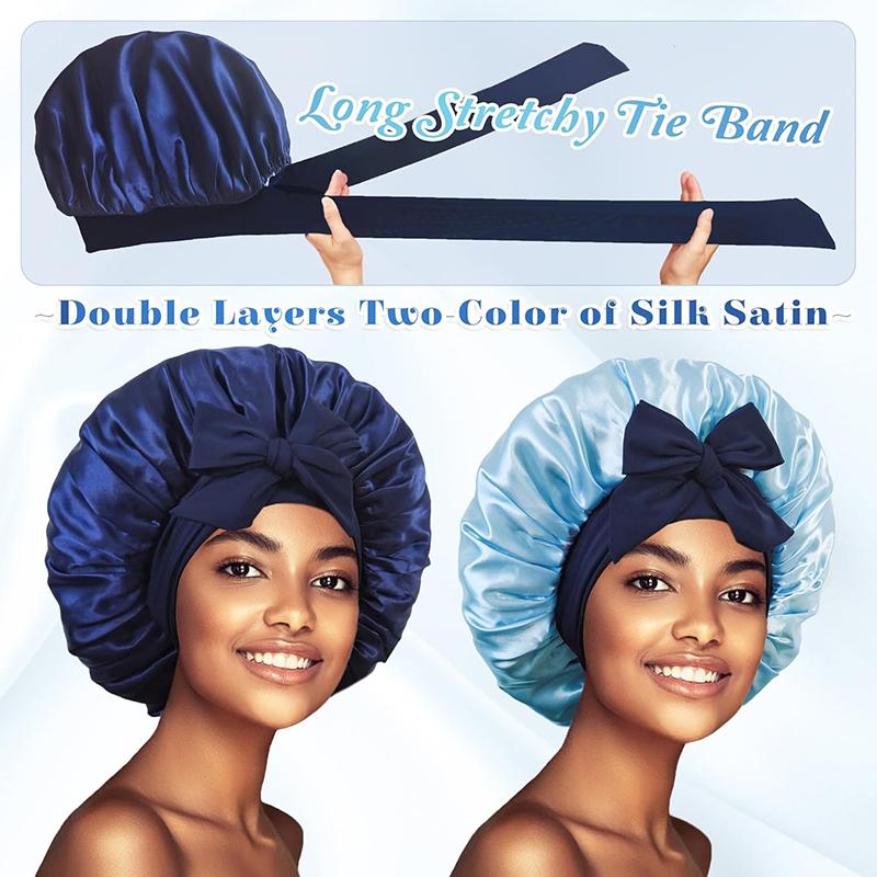 New Elegant Satin Lined Bonnet Double Layered Ribbon Round Hat Wide Brimmed Bath Hat Black Sleep Cap for Women Curly Hair
