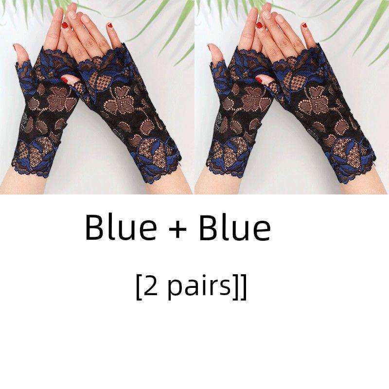 

Sun Protection Lace Women Gloves Summer Thin Half Finger Riding Driving Dancing Breathable Lace Mesh Hollow Gloves Blue + Blue [2 pairs]] One size