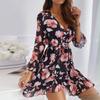 FASHION Women Print Floral Ruffle Dress Fashion Short Sleeve V-neck Loose Casual Belt Sundress Female Elegant Summer Beach Vestidos
