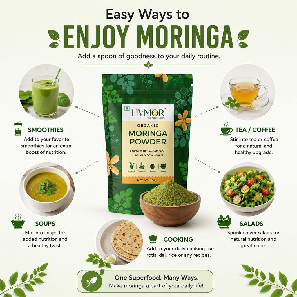 LIVMOR Certified Organic Moringa Powder 200g | USDA Organic | From Pure Drumstick Leaves | Powder Form | For Daily Wellness & Natural Nutrition