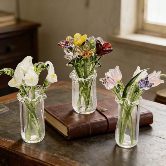 1 Sada Skleněná Kytice Květin s Vázou Ručně Foukáno Mini Květinová Dekorace Domov Obývací Pokoj Ručně Vyráběná Simulace