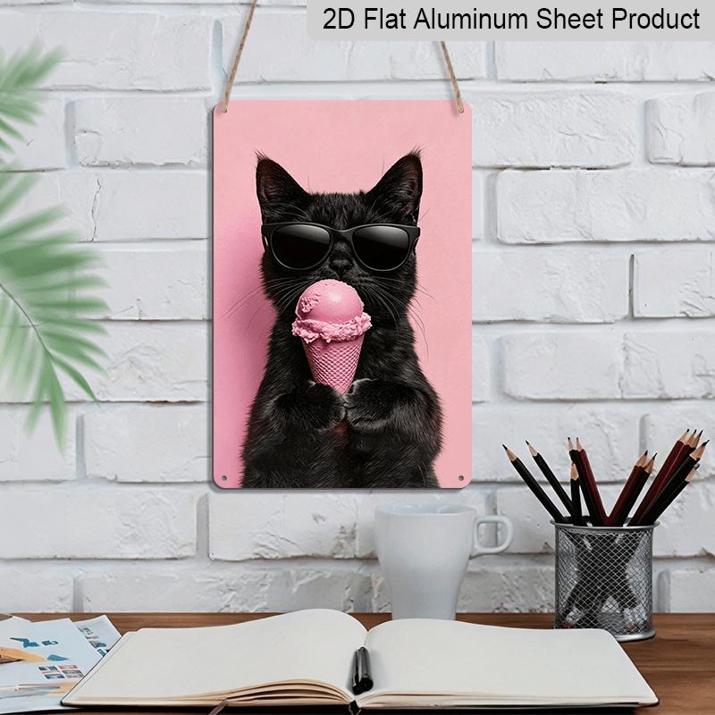 2D Flaches Cooles Schwarzes Katze mit Sonnenbrille & Rosa Eis Metallschild - Lustige Katze Aluminium Wanddekor Küche & Esszimmer Wand, Katzenliebhaber Wohnzimmer