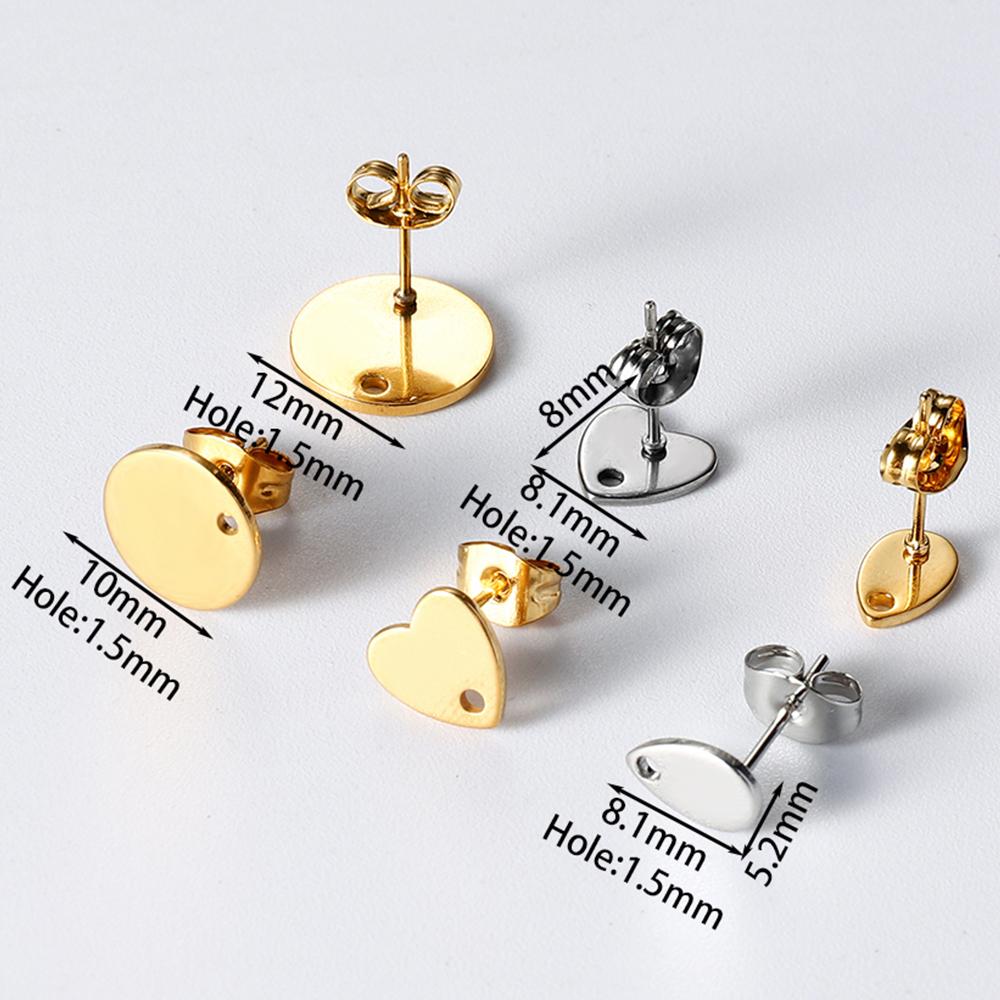 10pcs/lot Gold Color Stainless Steel Heart Drops Round Hole Ear Studs With Earring Plug For DIY Jewelry Making Accessories