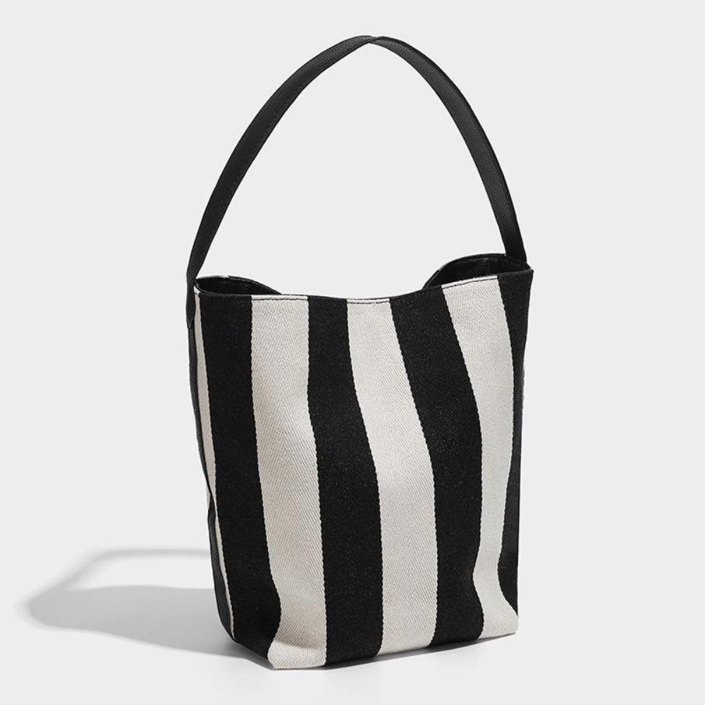 Große Kapazität Schwarz Weiß Gestreifte Tasche Kordelzug Muster Streifen Canvas Handtasche Tragetasche Einfach Breite Träger Beuteltasche Täglich