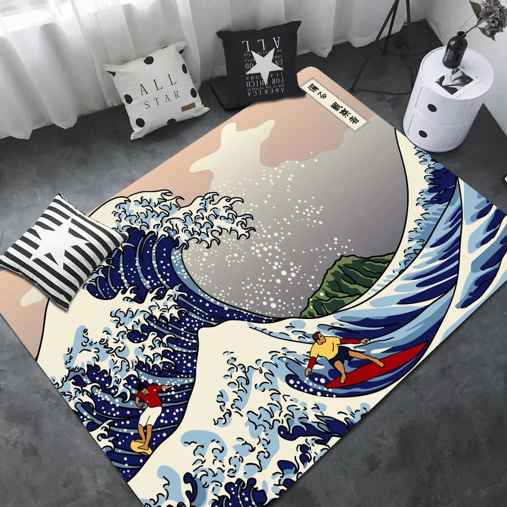 Japanese Wave Art Floor Mat Retro Multiple Choice Living Room Kitchen Rug Non-Slip Modern Home Decor