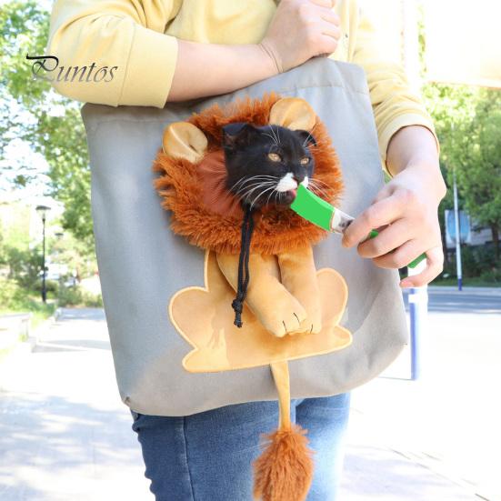 Portable Cat Carrier for Small Dogs Canvas Purse, Plush Lion Pet Tote with Head Lightweight Bag Outdoors Hole, Safety Buckle, Foldable Shoulder