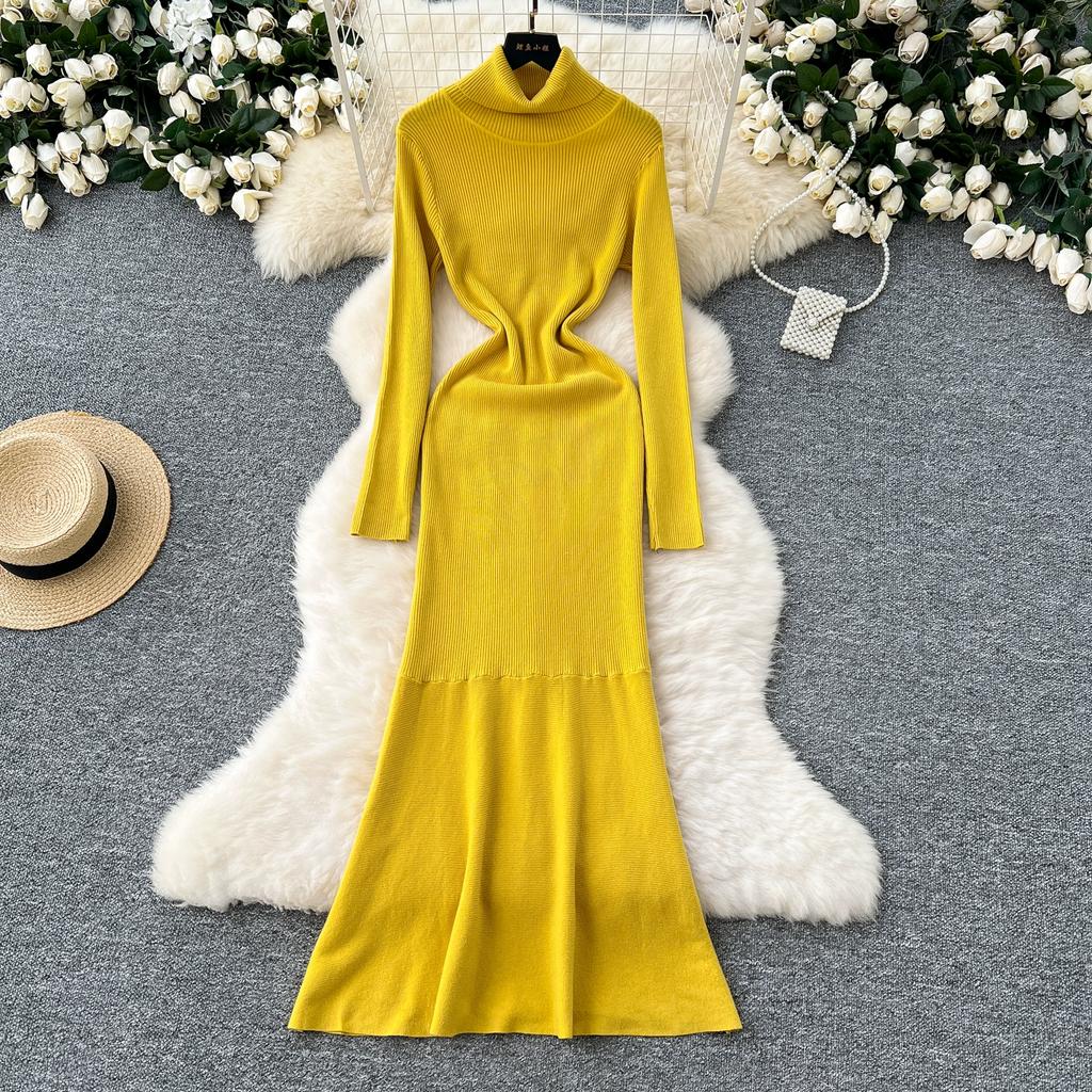 Jesień Zima Kobiety Elegancki Golf Długi Rękaw Dzianinowy Sweter Pulower Długie Sukienki Maxi Syrenka na Imprezę