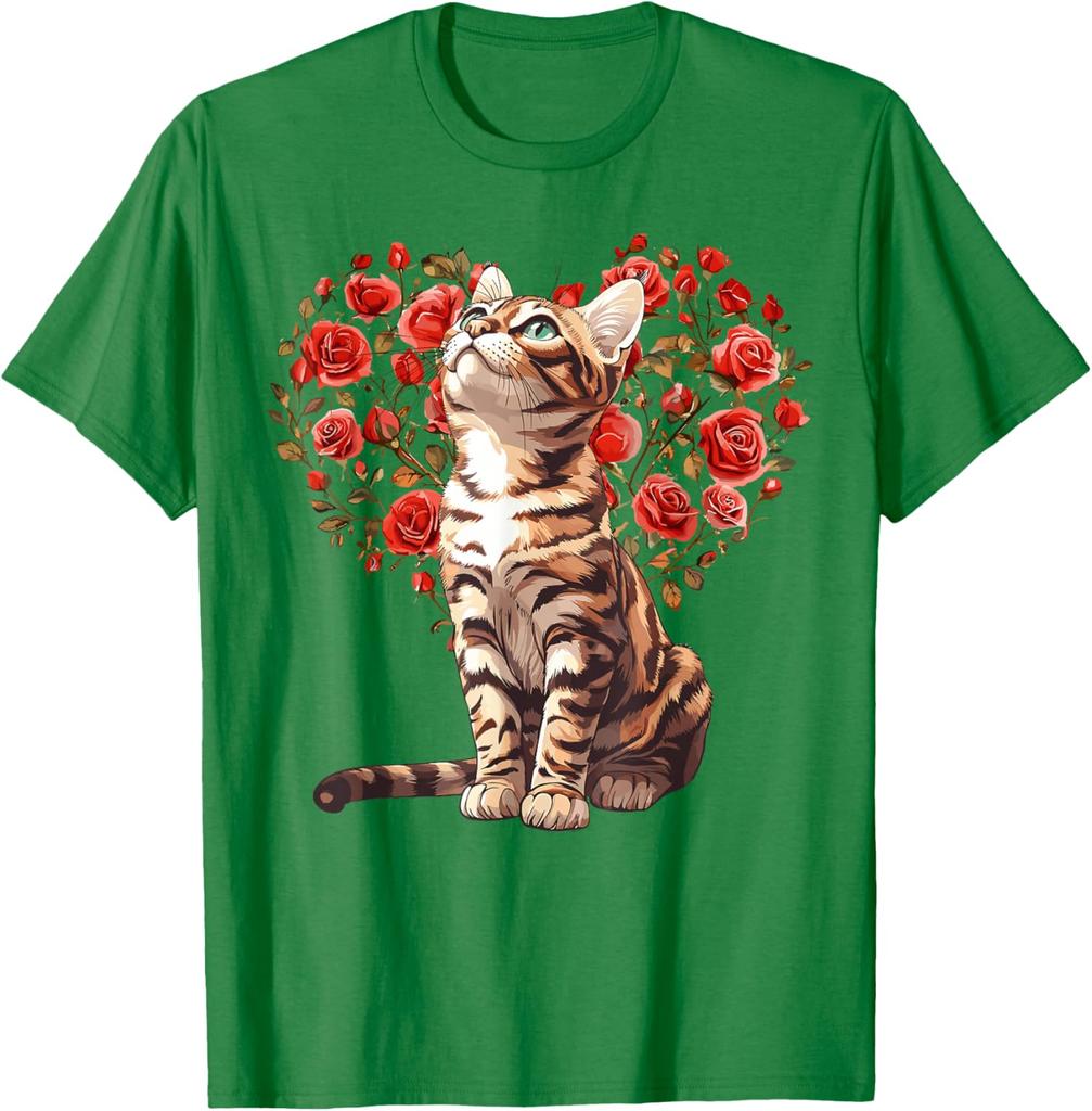 Bengal Cat Heart Rose Floral T-Shirt Cute Cat Lovers Casual Daily Graphic Tee