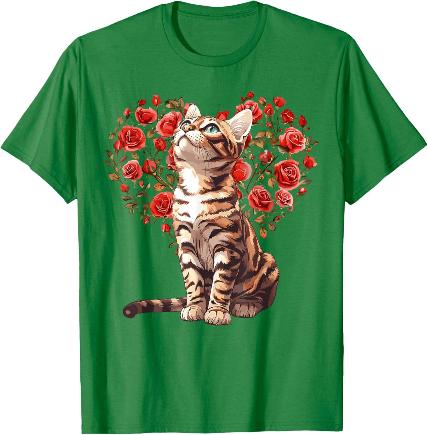 Bengal Cat Heart Rose Floral T-Shirt Cute Cat Lovers Casual Daily Graphic Tee S