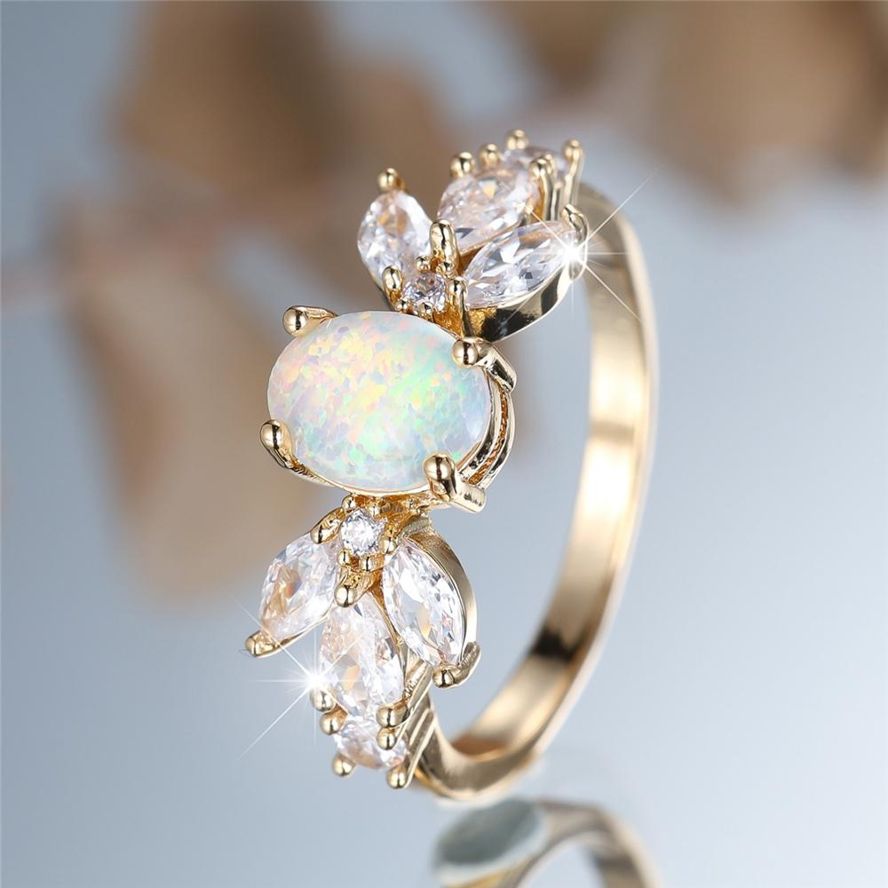 Trendy Crystal White Opal Zircon Stone Vintage Gold Color Wedding Bands Engagement Rings For Women Men Minimalist Jewelry