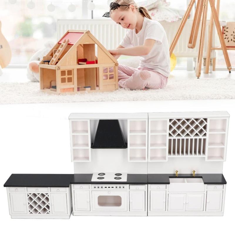 Dollhouse Kitchen Cabinet Set 1/12 Birch Wood Miniature Bar Counter For Dolls House Decoration