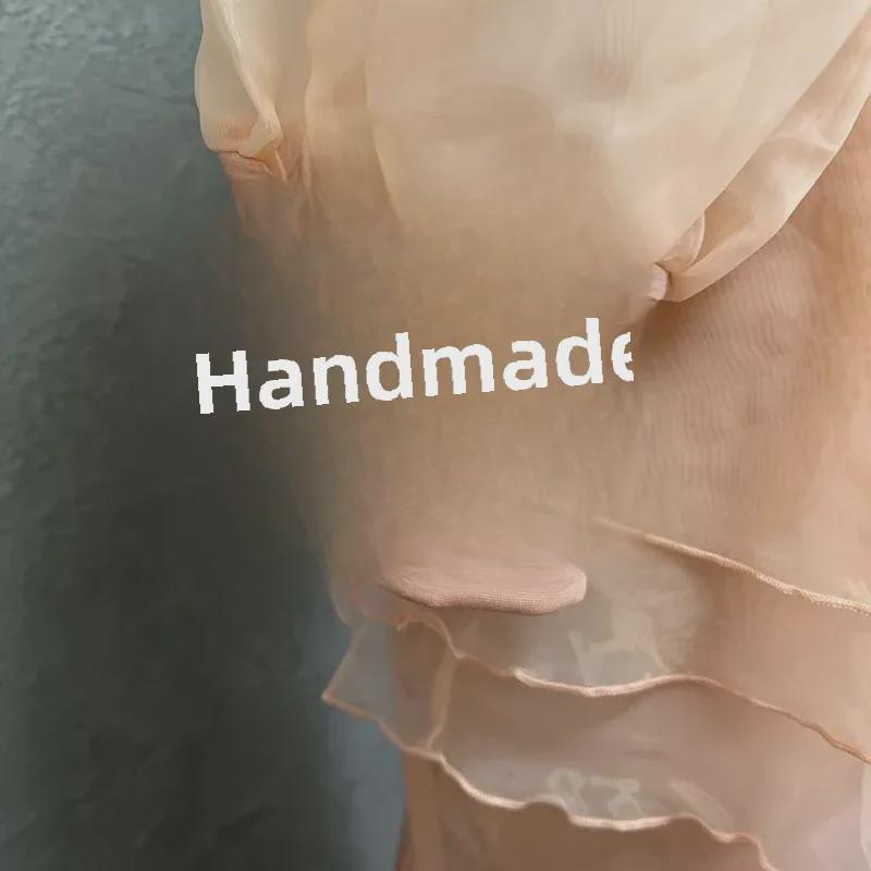 African Women's Lotus Leaf Organza Puff Sleeve Top and Skirt with Embroidered Sequins.